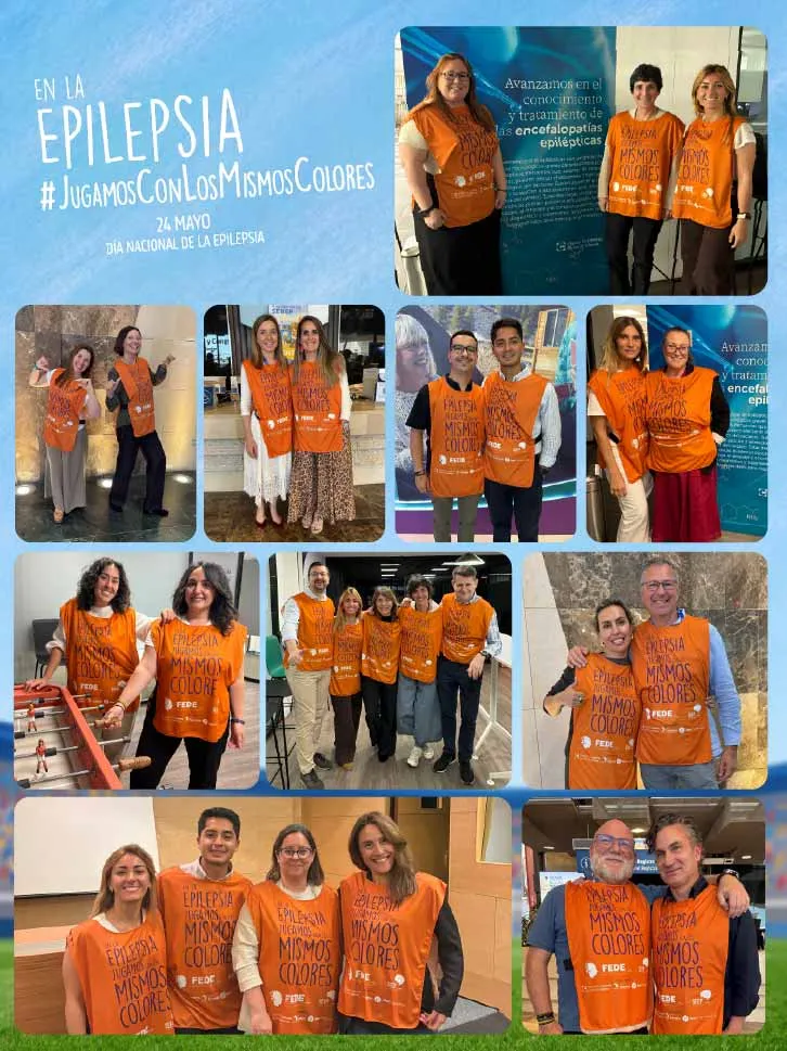 Equipo de UCB vistiendo petos naranja de la campaña de la FEDE por el día nacional de la epilepsia donde pone En la epilepsia, jugamos con los mismos colores