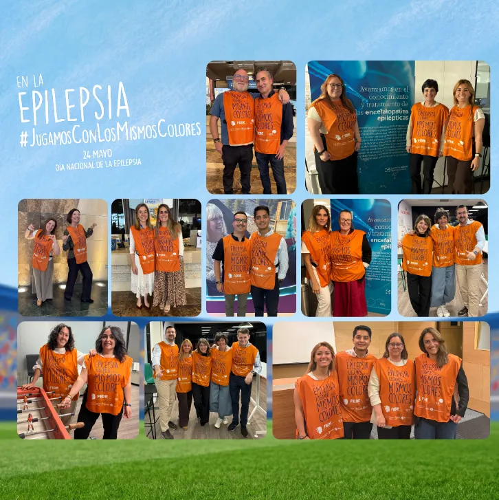 Equipo de UCB vistiendo petos naranja de la campaña de la FEDE por el día nacional de la epilepsia donde pone En la epilepsia, jugamos con los mismos colores